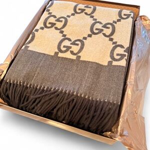 Gucci Throw Blanket Two-Tone Brown GG Cashmere/wool 60x72 New in Box